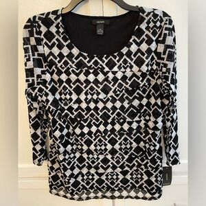 Alfani Women's Geometric Black and White Blouse 3/4 sleeve SizeM fully lined NWT